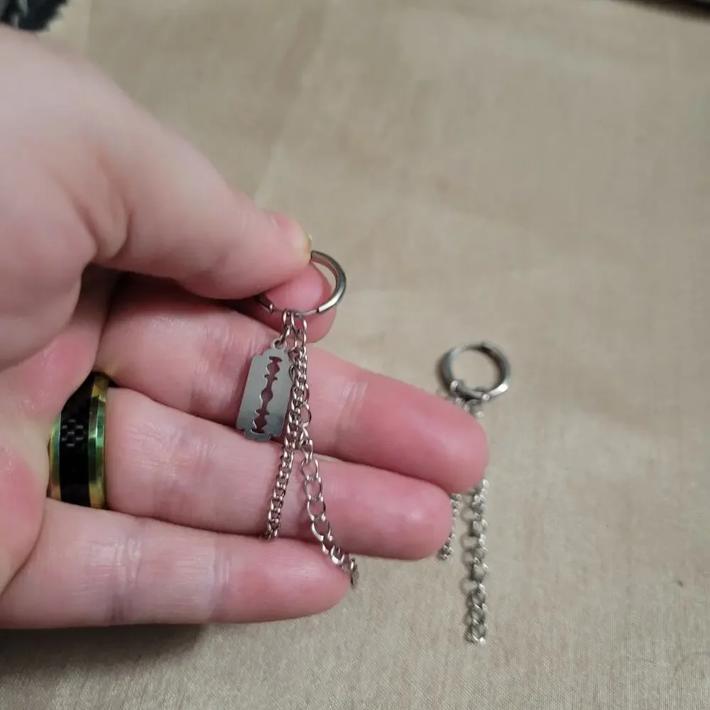 Silver razor blade and chain charm hoop gothic earrings
